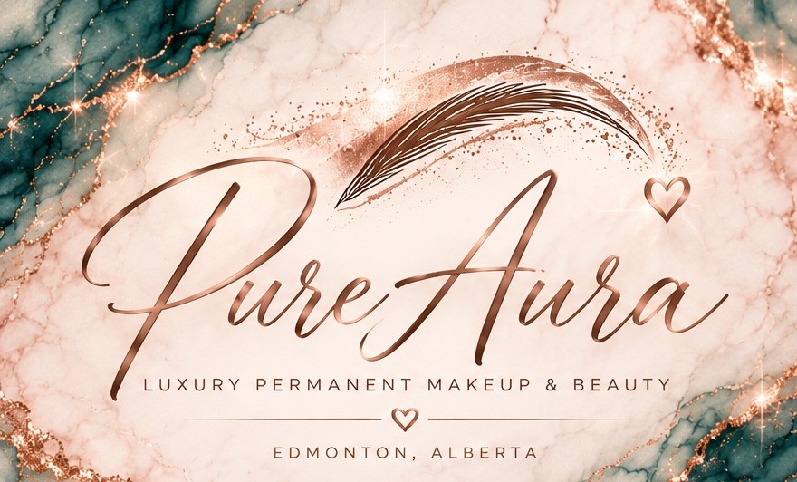 Pure Aura rose gold eyebrow and script logo on marble with teal accents